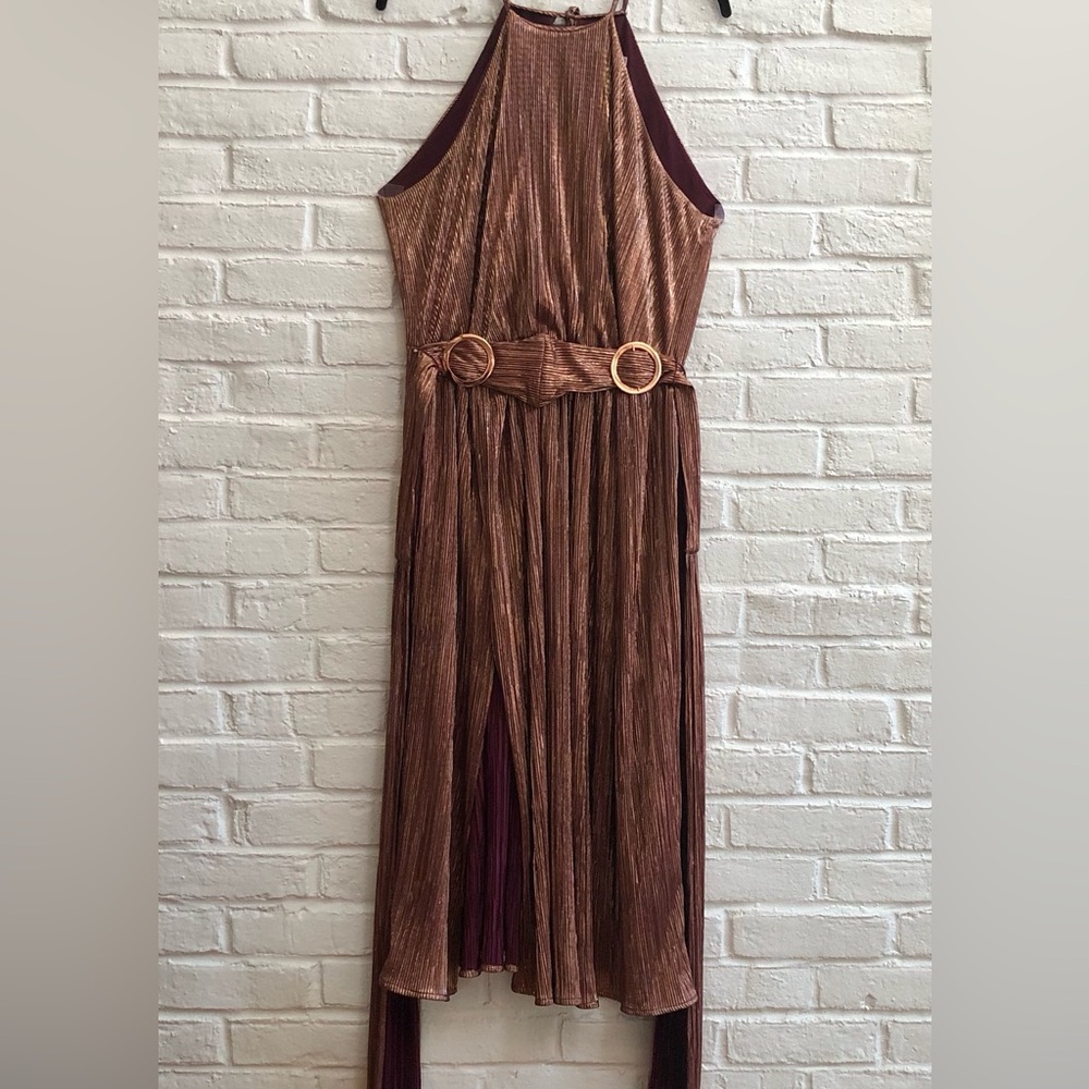 EVA MENENDEZ Metallic Bronze halter top midi Dress Sleeveless Spaghetti straps - Picture 14 of 16
